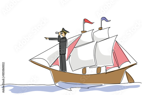 Single one line drawing ship captain standing on a sailboat using a binocular while monitoring. Looking for land to anchor. Do not Give Up the Ship Day. Continuous line design graphic illustration