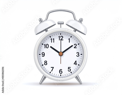 A classic white twin-bell alarm clock with a white face and black numbers, showing the time around 10:10, isolated on a clean white background.