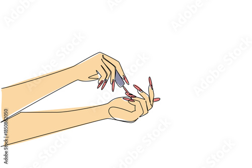 Continuous one line drawing hands painting nails. Beautify yourself by following beauty trends. Look glamorous and elegant. Care. National Nail Polish Day. Single line draw design vector illustration
