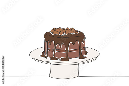 Single continuous line drawing hazelnut cake with melted chocolate and hazelnut topping on a cake plate. Celebrating a celebration. National Hazelnut Cake Day. One line design vector illustration