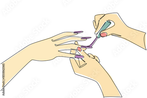 Continuous one line drawing nails painted by pair of hands. Inviting nail care personnel. Preparing to look glamorous at the party National Nail Polish Day. Single line draw design vector illustration