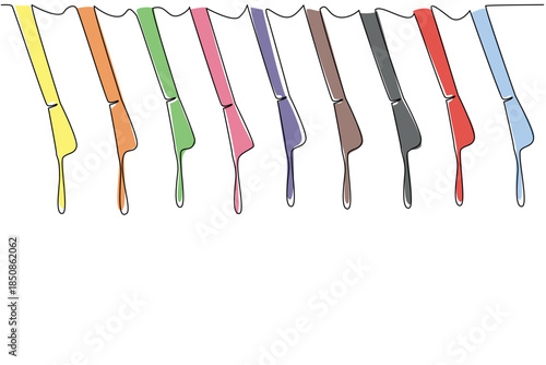 Single one line drawing 9 nail polish brushes in various colors with dripping polish. Equipment for painting on nails. Beauty. National Nail Polish Day. Continuous line design graphic illustration