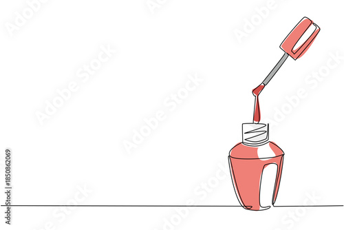 Single continuous line drawing nail polish bottle with brush raised. Modern beauty of women care equipment. The need to look beautiful. National Nail Polish Day. One line design vector illustration