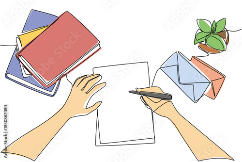 Single one line drawing a pair of hands writing on paper with a stack of books and paper envelopes. Write lots of messages to friends. Postal. Pen Pal Day. Continuous line design graphic illustration