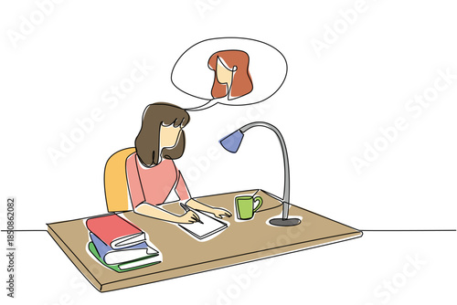 Single continuous line drawing a woman writes a letter on a paper on a study table and the callout contains a woman. Thinking of old friends. Postal. Pen Pal Day. One line design vector illustration