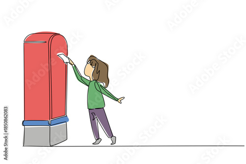 Continuous one line drawing a girl on tiptoe puts a letter into post box. Learn to send letters in the modern era. Communicate the classic way. Pen Pal Day. Single line draw design vector illustration