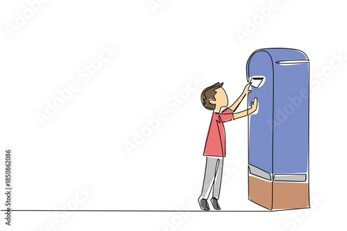 Single continuous line drawing a boy on tiptoe puts a letter into the post box. Sending letters with old technology. Maintaining friendship. Postal. Pen Pal Day. One line design vector illustration