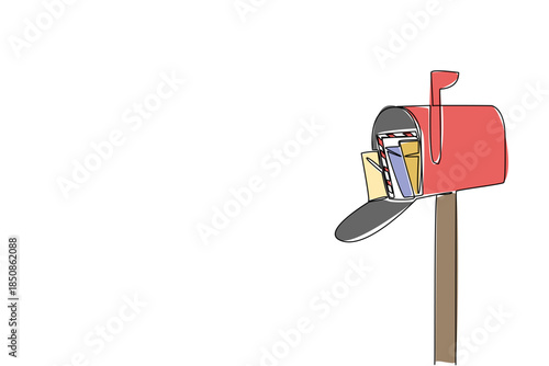 Single one line drawing the mailbox open and there are many letters inside. Received many letters from distant friends. Place to receive mail. Pen Pal Day. Continuous line design graphic illustration