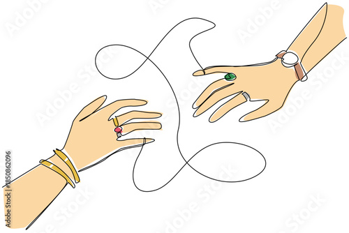 Single one line drawing 2 hands facing each other, with their little fingers connected by a rope. The bonds of friendship are getting closer. Pen Pal Day. Continuous line design graphic illustration