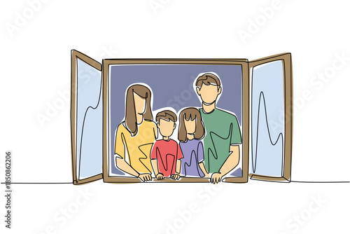 Single continuous line drawing a family in front of an open window. The appearance of an example of a happy, harmonious family. Compactness. Global Day of Parents. One line design vector illustration