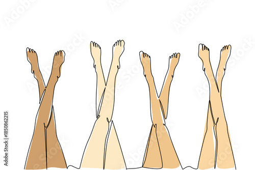 Single one line drawing 4 pairs of barefoot legs crossed with the feet raised. Relax and gossip by raising the legs up. Leisure. National Go Barefoot Day. Continuous line design graphic illustration