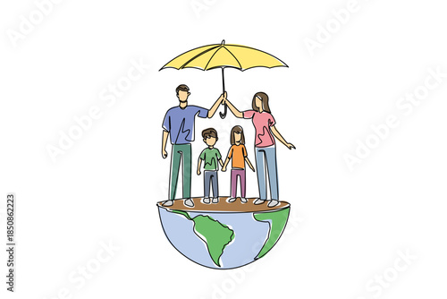 Continuous one line drawing parents together holds umbrella for their children stands on hemisphere of globe. Symbol as a protector. Global Day of Parents. Single line draw design vector illustration