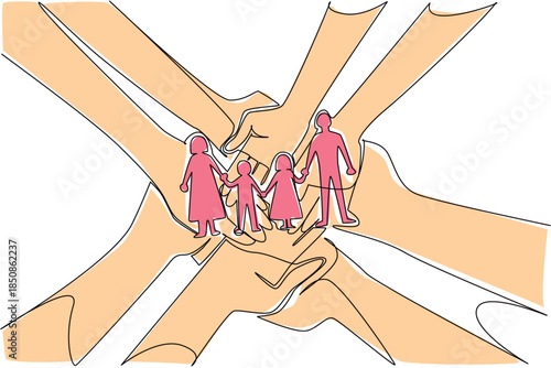 Continuous line drawing with a family of parents and children on paper cutting form held in protective hands, symbolizing unity, love, and care. Family theme, perfect for Global Day of Parents