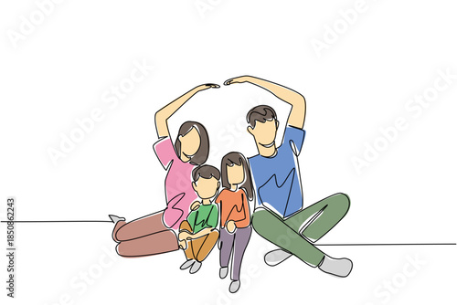 Single one line drawing a family sitting on the floor, the hands of parent forms the roof of the house. The warmth of a family. Global Day of Parents. Continuous line design graphic illustration