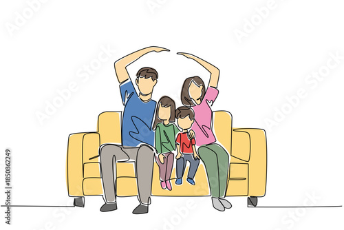 Single continuous line drawing a family sitting on sofa, the hands of parent forms the roof of the house. Concept of parents as protectors. Global Day of Parents. One line design vector illustration