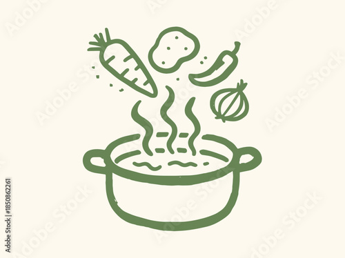 Soup Pot with Vegetables Minimal Doodle Vector Illustration