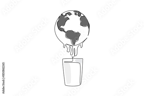 Single continuous line drawing black and white globe with milk squeezed into the glass below. Dairy farmers around the world harvest milk. Health. World Milk Day. One line design vector illustration