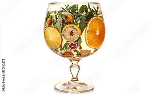 Water goblet infused with summer herbs and citrus Isolated on White Background.