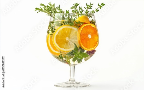 Refreshing summer water with herbs and citrus Isolated on White Background.