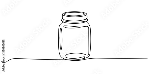 Glass canning jar in continuous line art drawing style. Food preserve. Minimalist black linear sketch on white background, Glass canning jar in continuous line art drawing style. Food preserve.