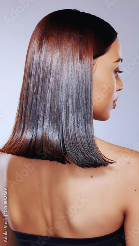 A profile of a brunette fashion model with long straight brown hair and glamour makeup posing in a studio for beauty and skin care