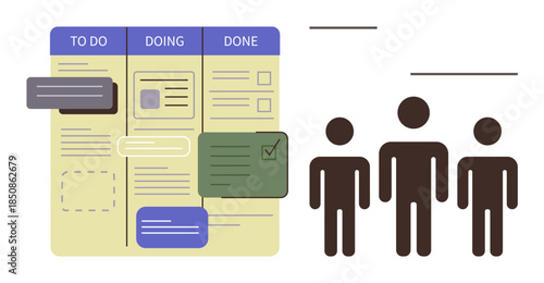 Kanban-style board with tasks in stages To Do, Doing, Done and three team members. Ideal for teamwork, organization, productivity, workflow, project planning management task tracking. Simple flat
