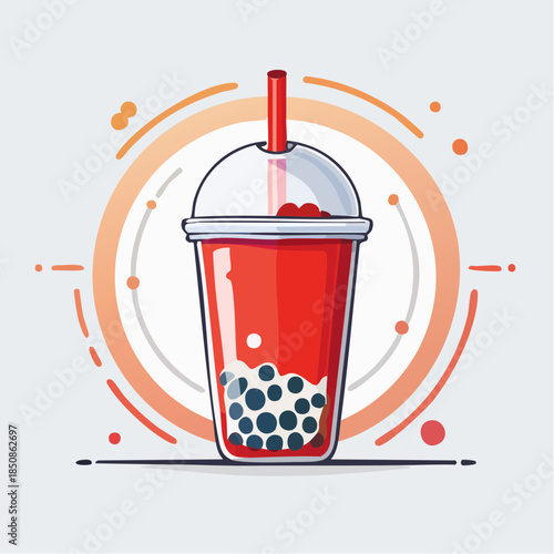 Illustration of a red bubble tea drink with tapioca pearls and a straw.