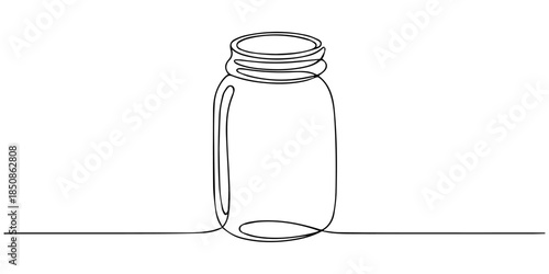 Glass canning jar in continuous line art drawing style. Food preserve. Minimalist black linear sketch on white background, Glass canning jar in continuous line art drawing style. Food preserve.