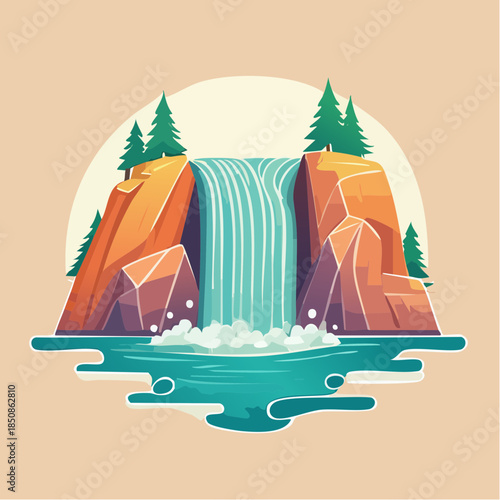 Cartoon illustration of a waterfall cascading between rocky cliffs into a pool of water.