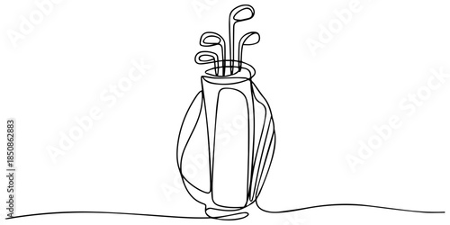 continuous line of golf bag.one line drawing of golf playing equipment.one line vector of golf bag containing several golf clubs, Golf bag continuous one line drawing. Single line art illustration 