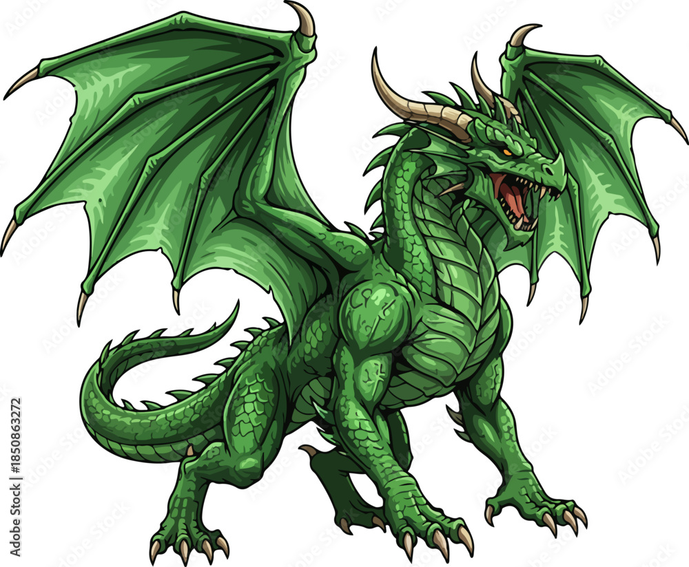 Fototapeta premium Majestic Green Dragon Vector Illustration