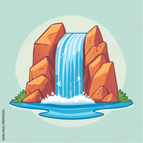 Cartoon illustration of a waterfall cascading between orange rocks into a pool of blue water.