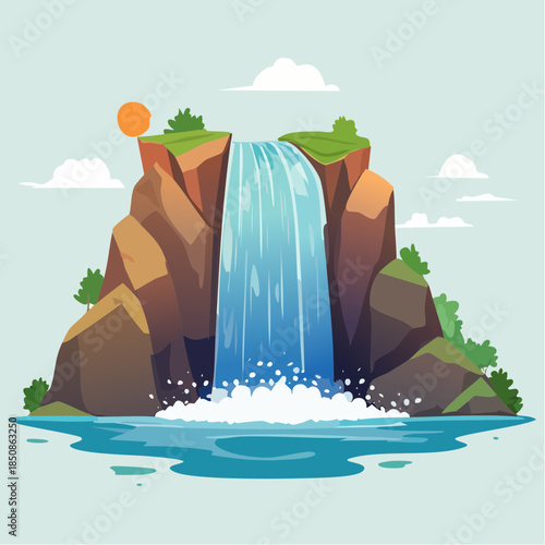 Cartoon illustration of a waterfall cascading into a pool of water, with rocks, greenery, and a sunny sky.