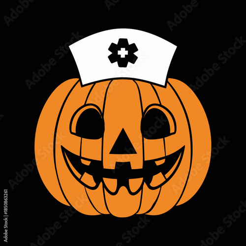 A playful jack-o'-lantern dressed as a nurse occupies the center of the image.