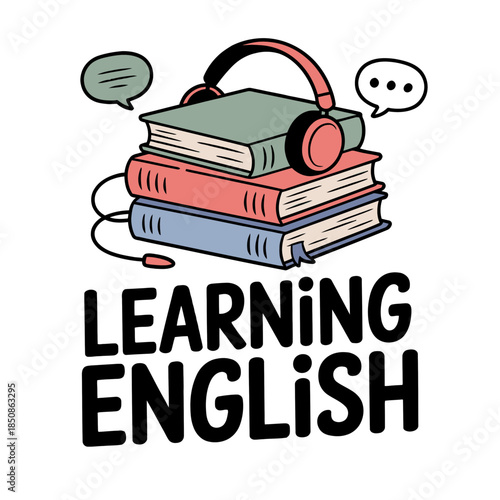 A stack of books is topped with headphones, suggesting a combination of reading and listening for learning English.