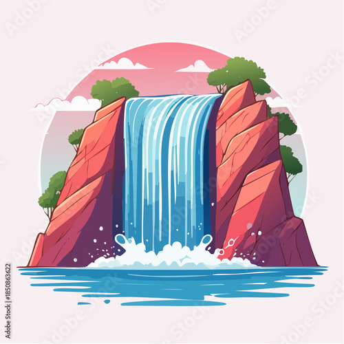 Cartoon illustration of a waterfall cascading down red rock cliffs into a pool of water.