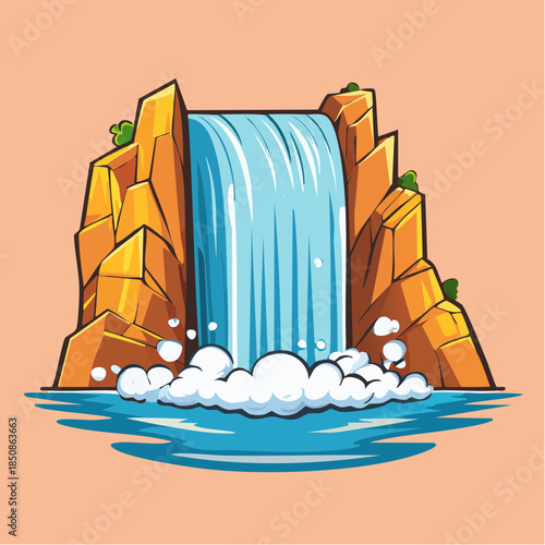 Cartoon illustration of a waterfall cascading between rocky cliffs into a pool of water.