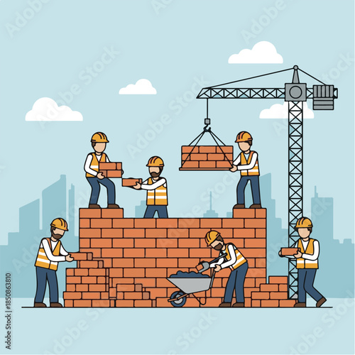 Construction Crew in Action: A dynamic construction scene showcasing skilled workers building a brick structure, highlighting teamwork and progress.