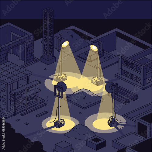 Illuminated Construction Site at Night: The scene reveals a construction site, illuminated by strategically placed spotlights. The environment, still under construction, is bathed in a twilight.