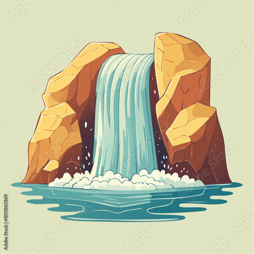 Cartoon illustration of a waterfall cascading between rocky cliffs into a pool.