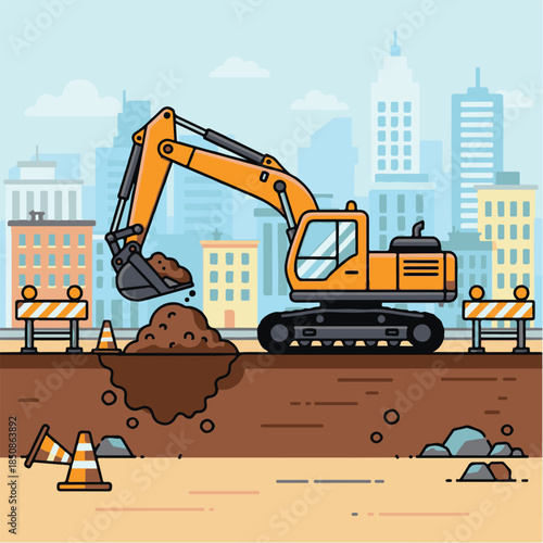 Heavy Equipment in Construction: A vivid illustration depicts a heavy excavator diligently at work, excavating earth within an urban setting.