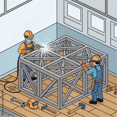 Welding metal frame construction: Skilled workers weld a complex metal frame in a workshop, focusing on precision and technique with essential tools.