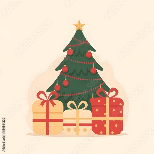 Christmas tree with colorful gift boxes and festive holiday decorations