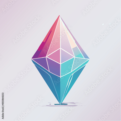 Colorful geometric diamond illustration with pink, purple, and blue facets.