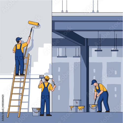 Painting Team: Skilled painters diligently at work, transforming a space with coats of fresh paint, a testament to craftsmanship and the power of renovation.