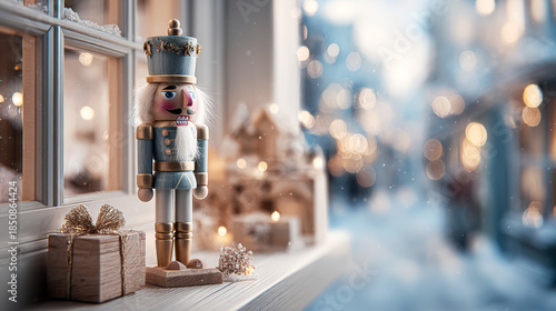 Festive Christmas shop window with wooden nutcracker, decorative toys, and warm lights. Cozy winter street atmosphere for holiday shopping, seasonal promotions, and city celebration visuals.