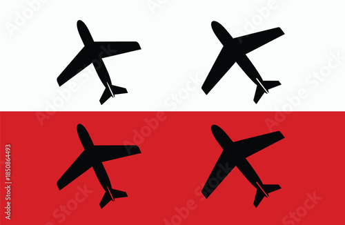 Four black airplanes on white and red background