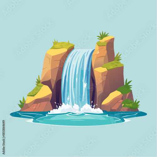 Cartoon illustration of a waterfall cascading over rocks into a pool of water, set against a light blue background.