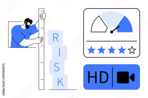Risk management. Risk assessment with a person measuring risk levels, a performance rating scale, and HD media symbol. Ideal for business, analytics, decision-making, media, and quality assurance