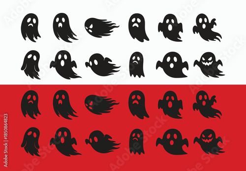 Collection of various ghost silhouettes on white and red backgrounds